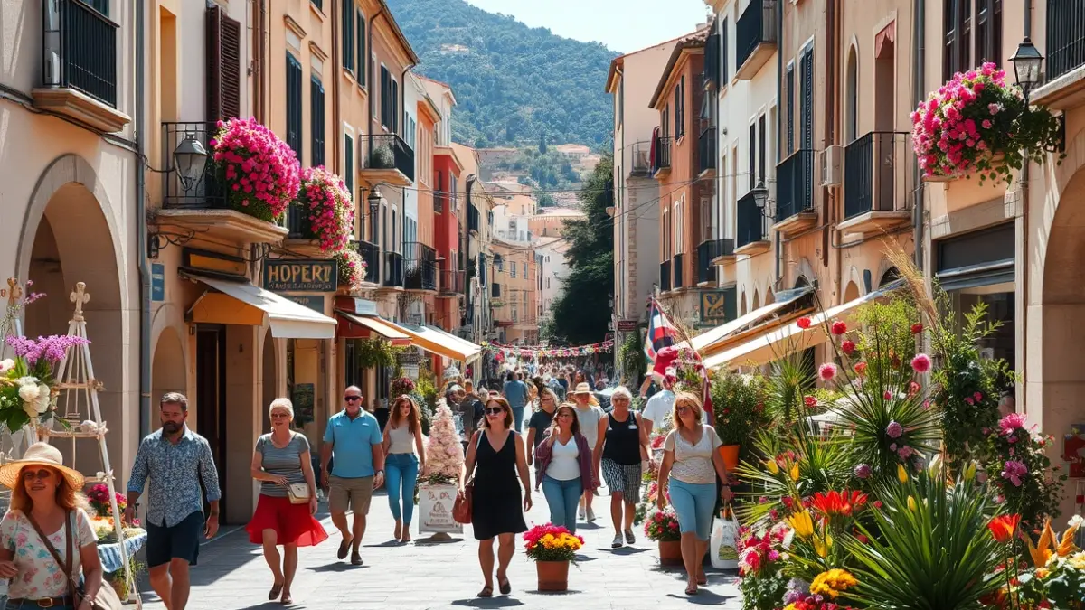 Imagen de una instalación floral en una calle de Palafrugell durante el Festival Flors i Violes.