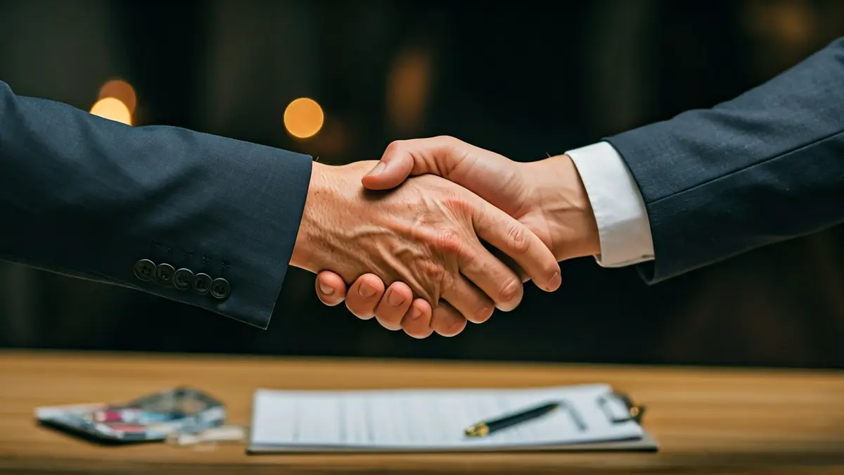 Generic image of two hands shaking over a desk, symbolizing business recognition.