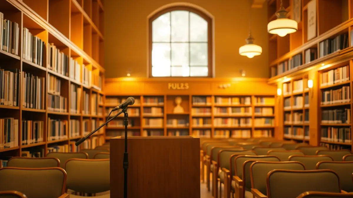 Imatge genèrica d'una biblioteca amb prestatgeries de fusta i un faristol amb micròfon, amb una il·luminació càlida.