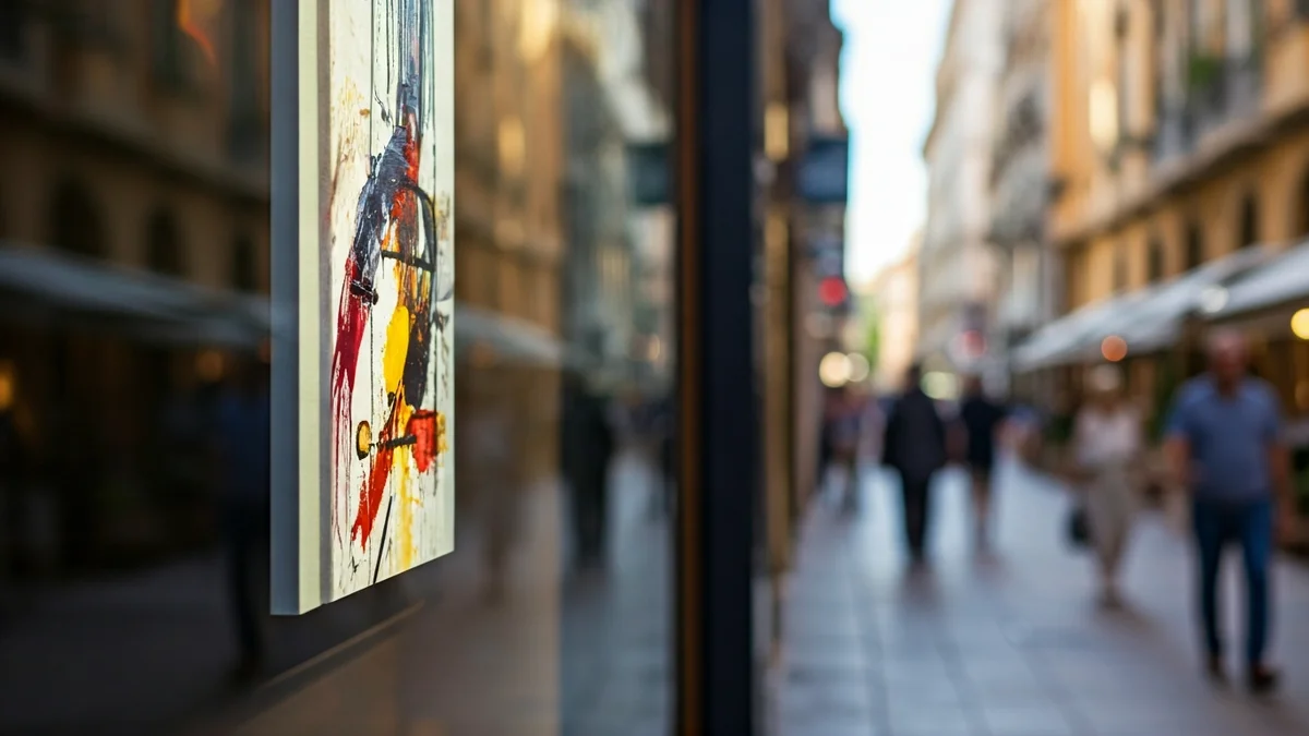 Imagen genérica de un escaparate comercial con una obra de arte expuesta, reflejando la calle.