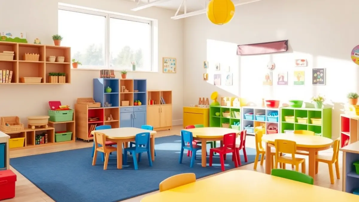 Imatge genèrica d'una llar d'infants amb mobiliari infantil i decoració acolorida.