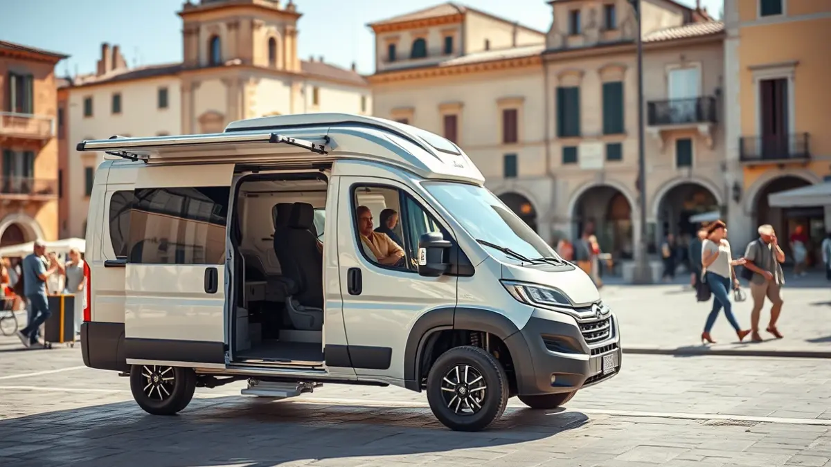 Imatge d'una oficina mòbil moderna en una plaça mediterrània, amb gent interactuant a prop del vehicle.