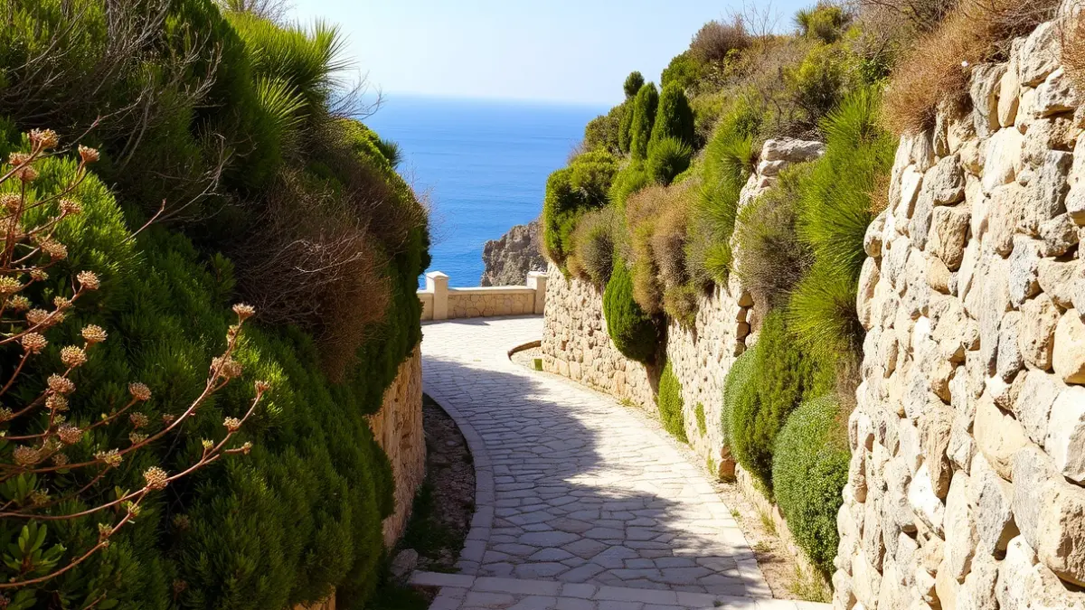Camino de cala Estreta con vegetación mediterránea y vistas al mar