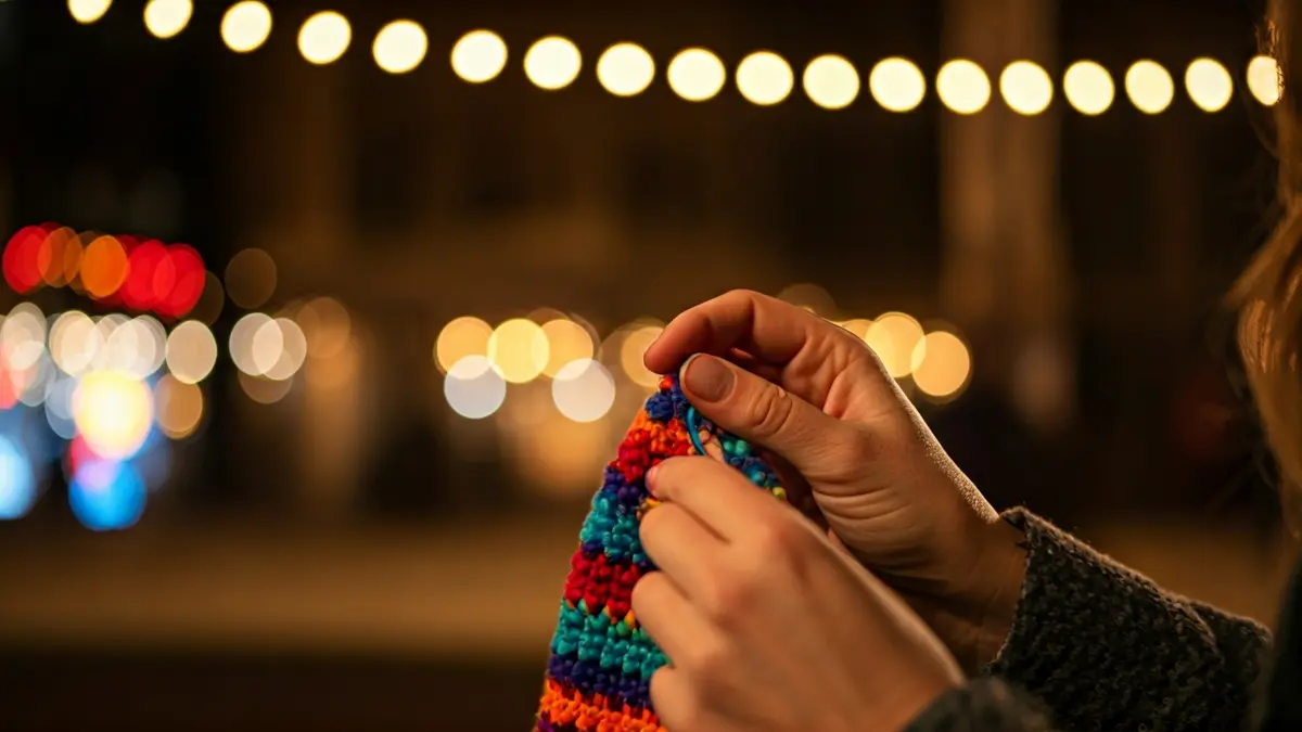Generic image of hands crocheting with colorful yarn and blurred Christmas lights in the background.
