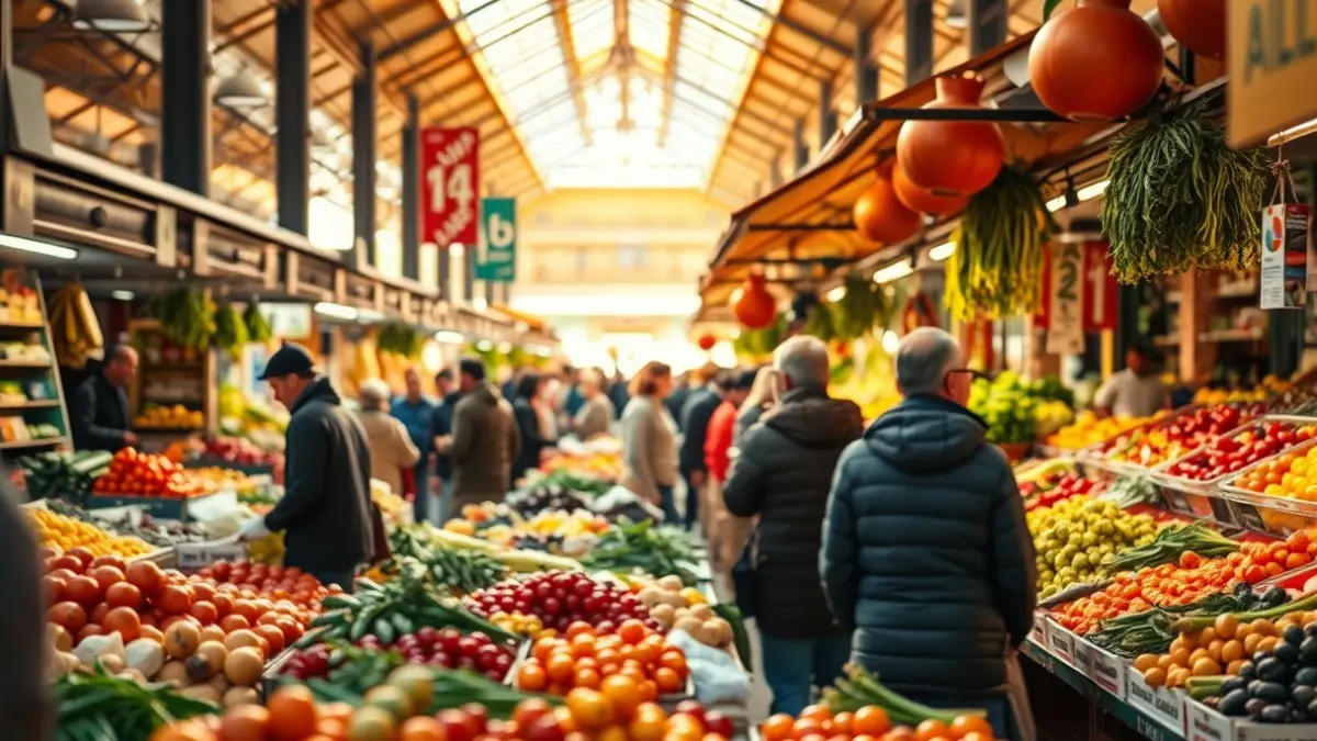 Imatge genèrica d'un mercat amb parades de productes frescos i gent comprant.