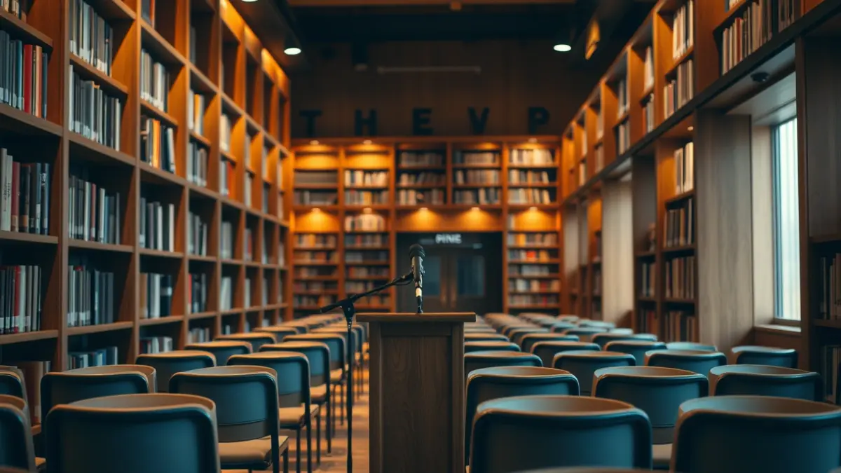Imagen genérica de una biblioteca con estanterías de madera y un podio con micrófono, con una iluminación cálida.
