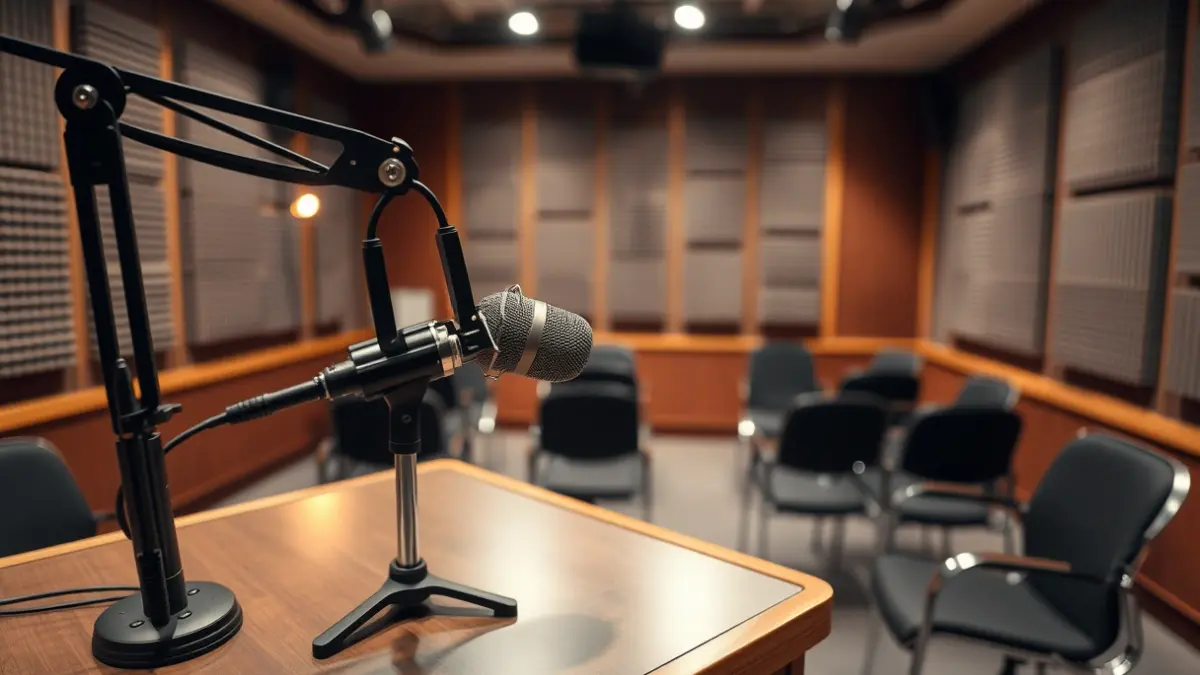 Microphone in a radio studio, with a blurred background, awaiting an interview.