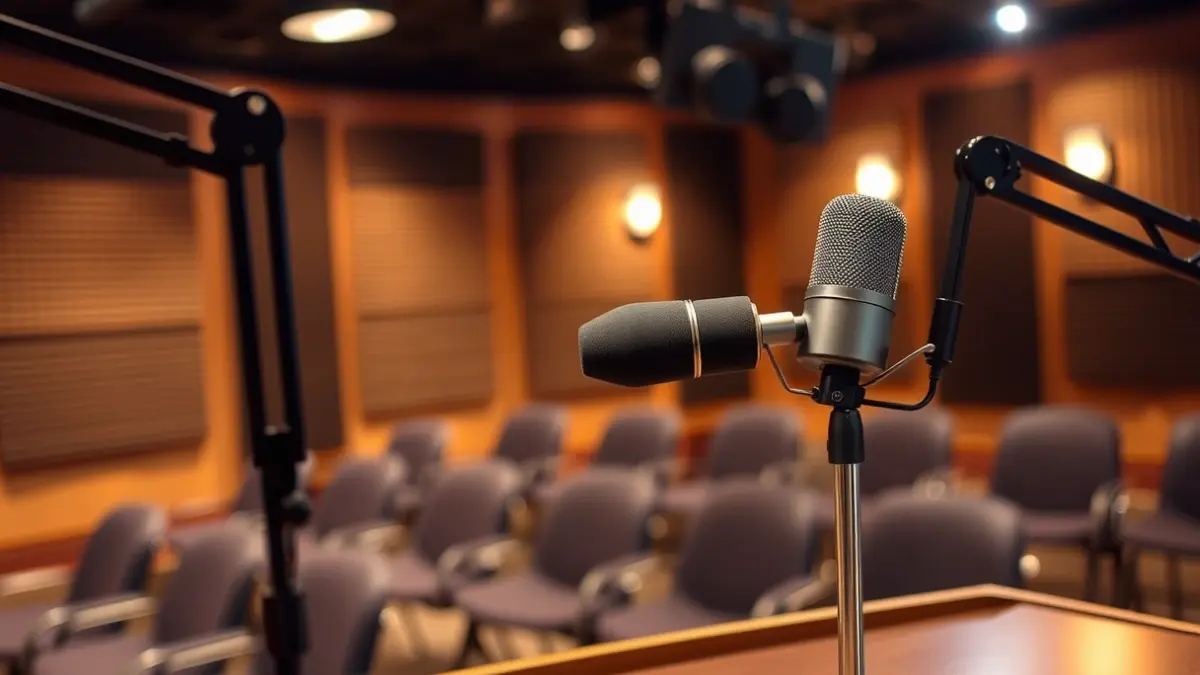 Microphone on a radio studio podium, with soundproofing panels in the background.