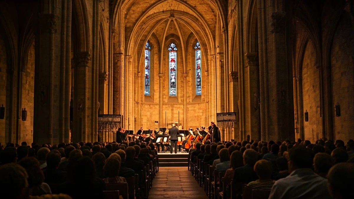 Imatge genèrica de l'interior d'una església històrica amb un escenari per a una actuació musical.