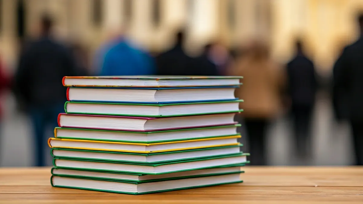 Generic image of children's books stacked on a table.