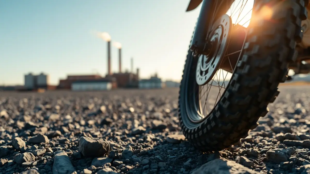 Imagen de una rueda de moto de trial en un entorno industrial, con edificios de fábrica desenfocados al fondo.
