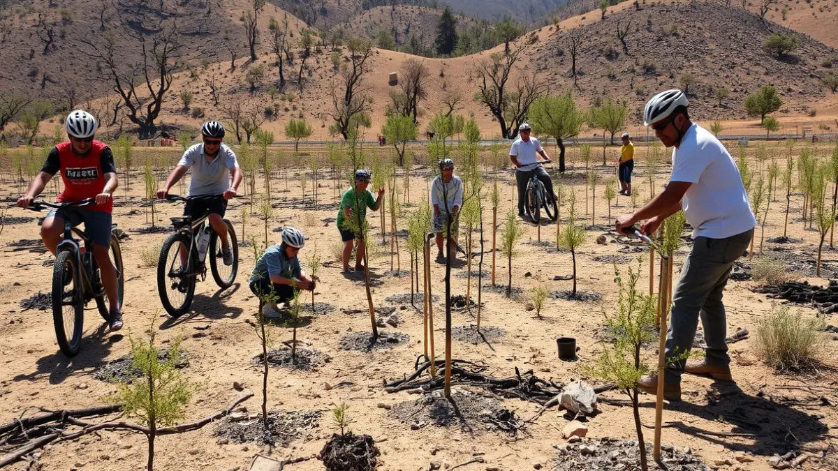 Image of a solidarity tree planting in an area affected by a forest fire.