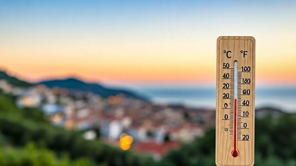 Imatge d'un termòmetre marcant alta temperatura amb un paisatge costaner mediterrani al fons.