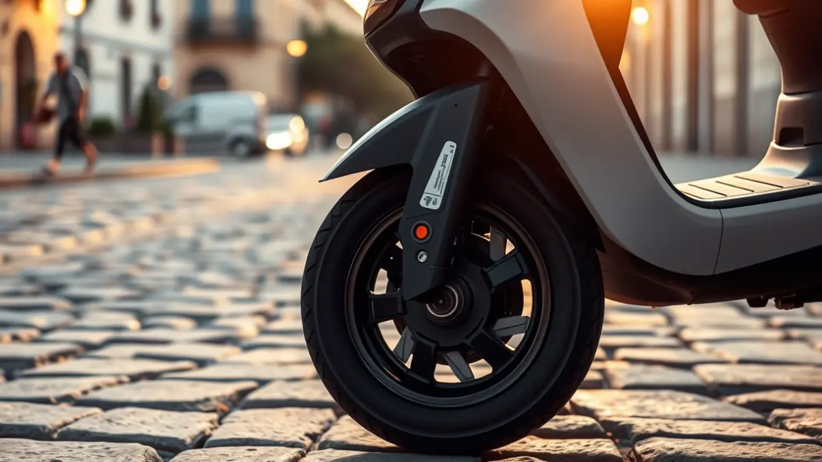 Generic image of an electric scooter wheel on a Mediterranean street.