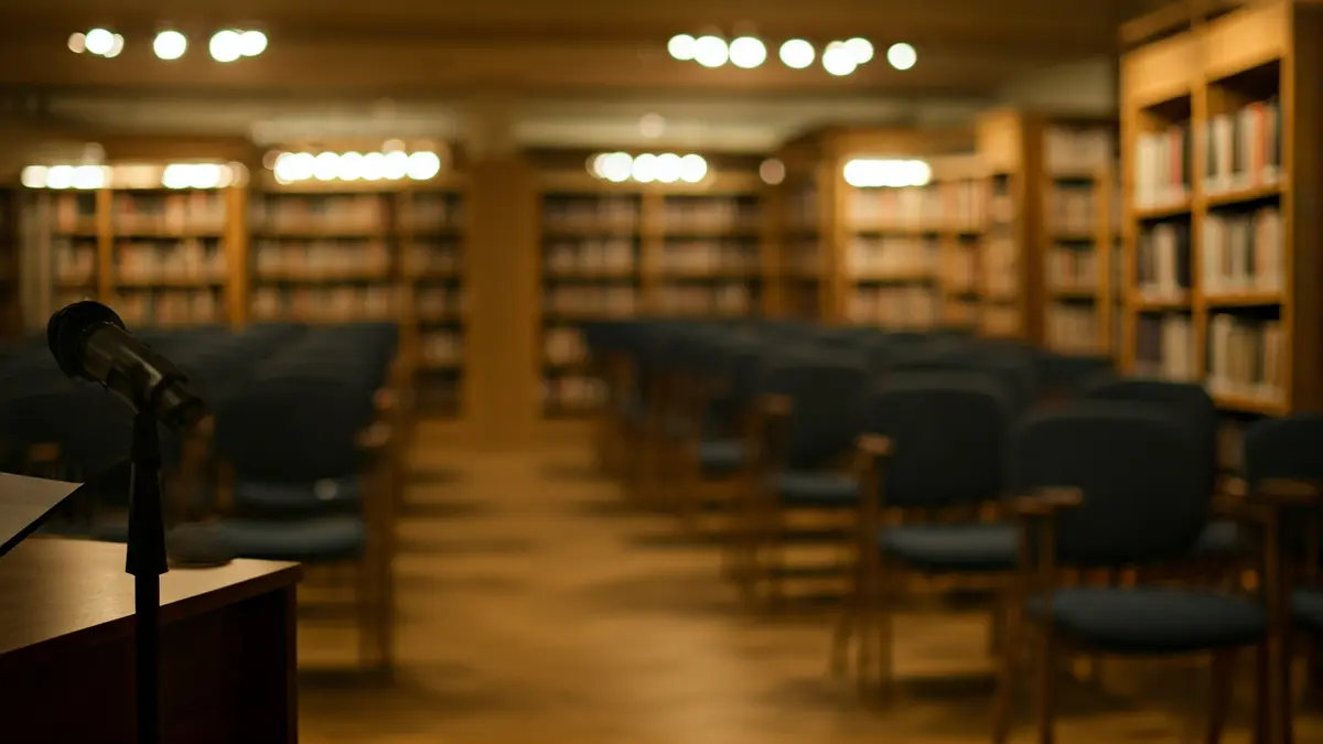 Imagen genérica de una sala de presentaciones o biblioteca con un micrófono y sillas vacías.