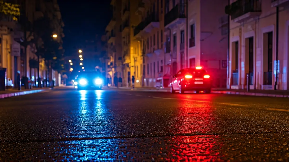 Generic image of emergency lights reflecting on wet asphalt at night.