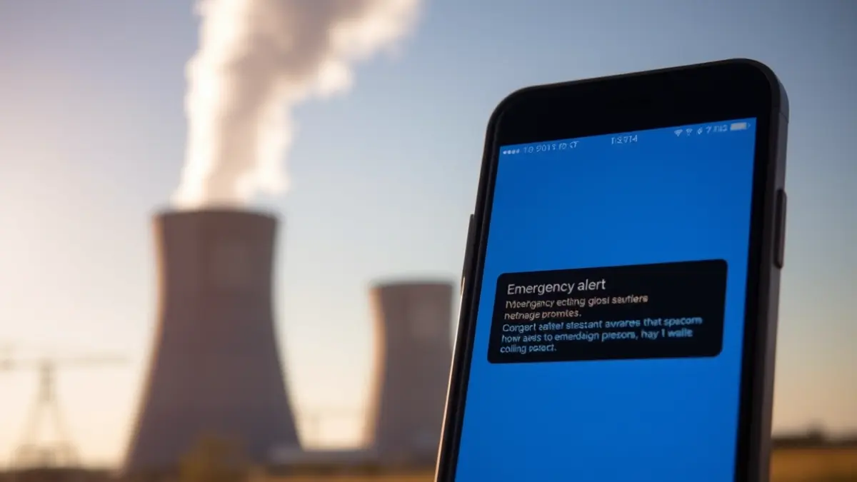 Imagen de un teléfono móvil mostrando una alerta de emergencia con una central nuclear de fondo.