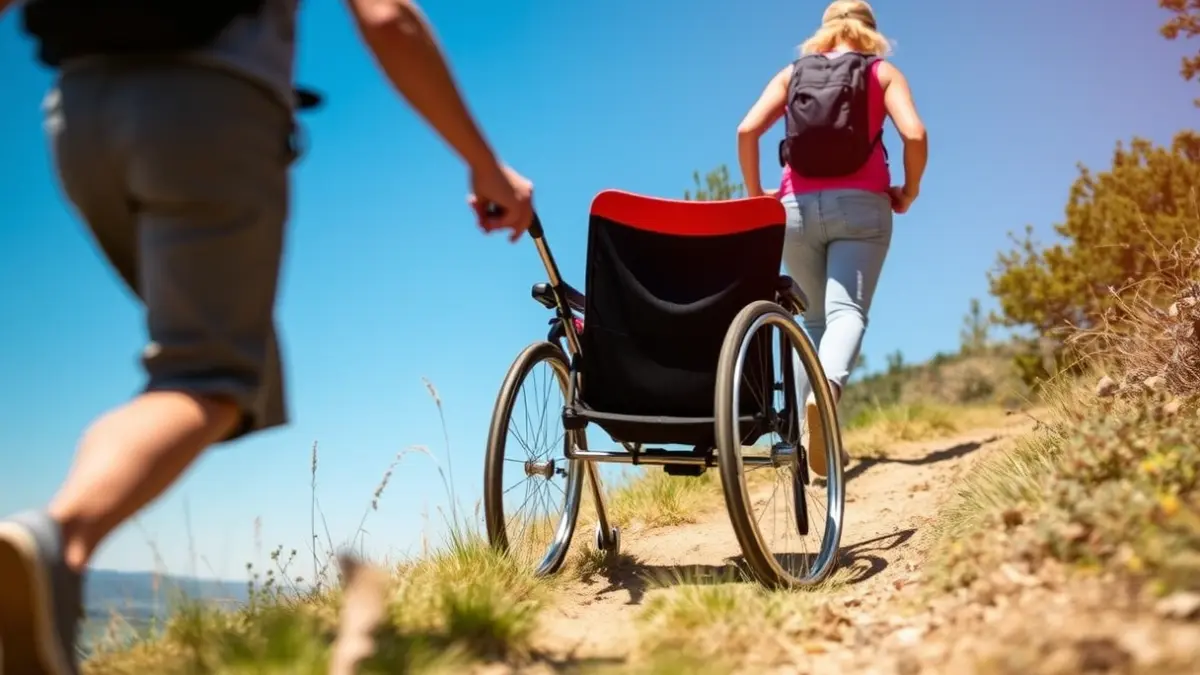 Image of a Joëlette adapted chair on a mountain path, with people pushing it.