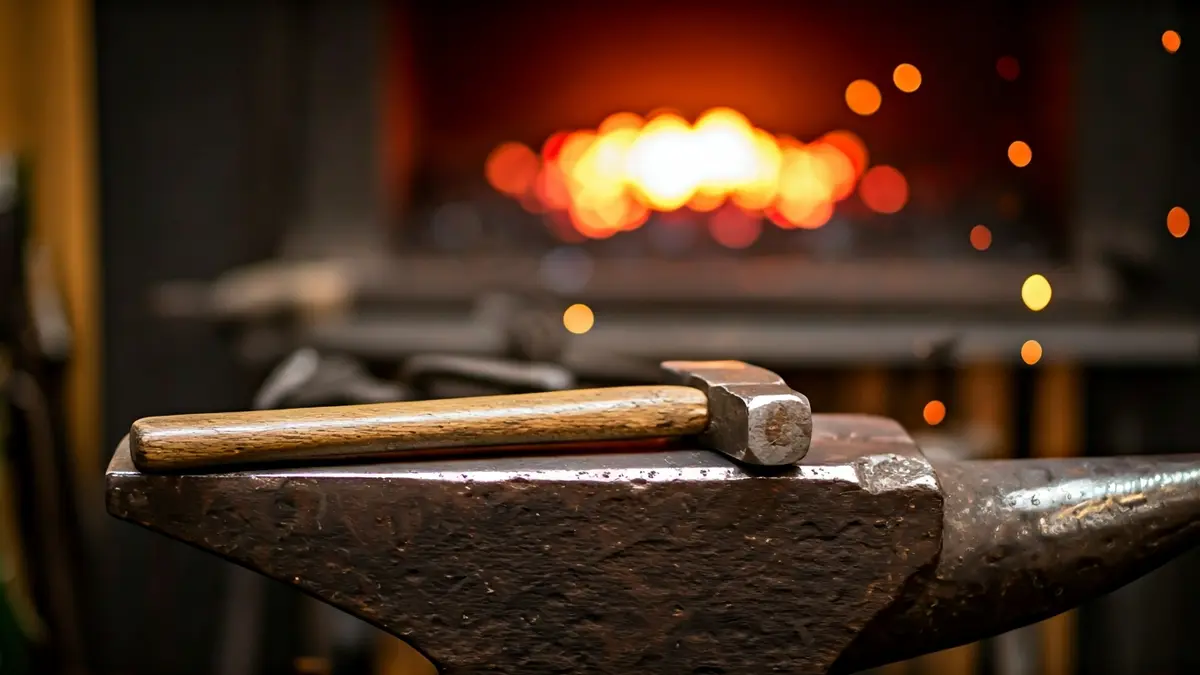 Imagen genérica de herramientas de forja sobre un yunque, con chispas al fondo.