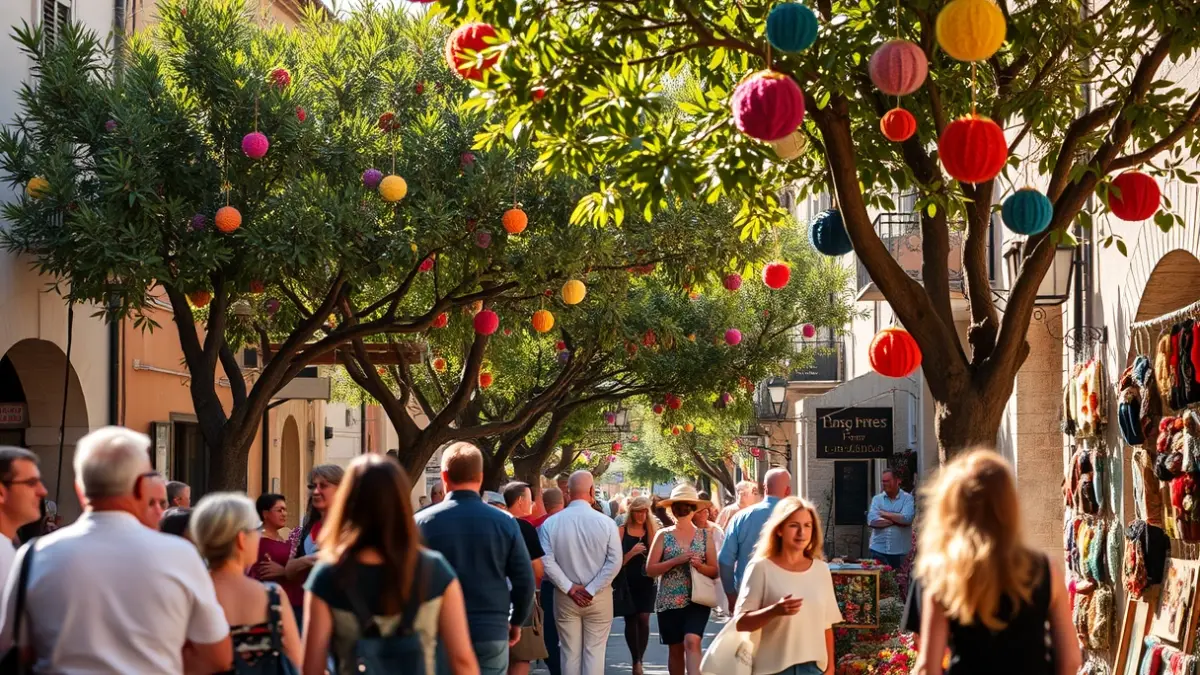 Decoració artística de ganxet en arbres durant un festival cultural a Palafrugell.