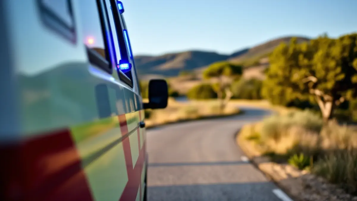 Imagen genérica de un vehículo de servicios de emergencia con luces intermitentes en un entorno rural.