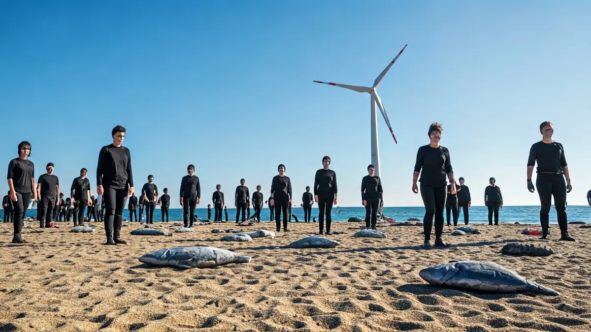 Activists simulating dead fish and birds on a Mediterranean beach as a protest.
