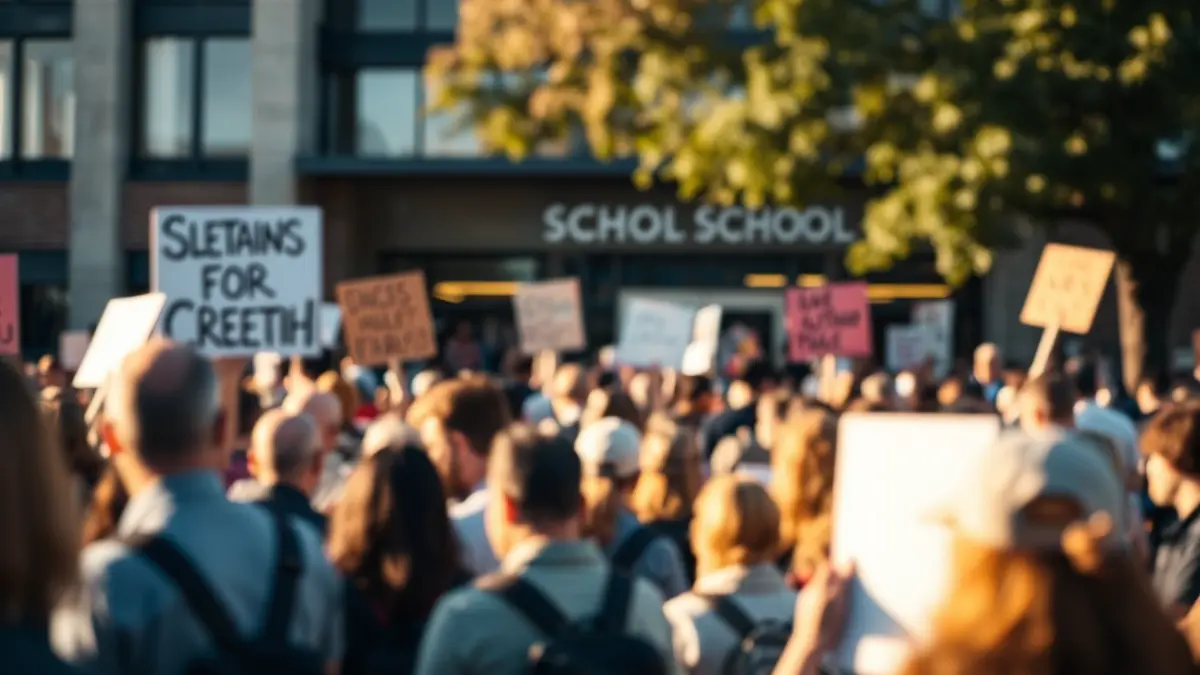Image of a protest in front of a high school in l'Hospitalet de Llobregat.