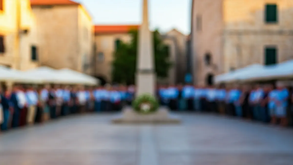 Imatge d'una plaça amb un monòlit durant una commemoració històrica a Puigcerdà.
