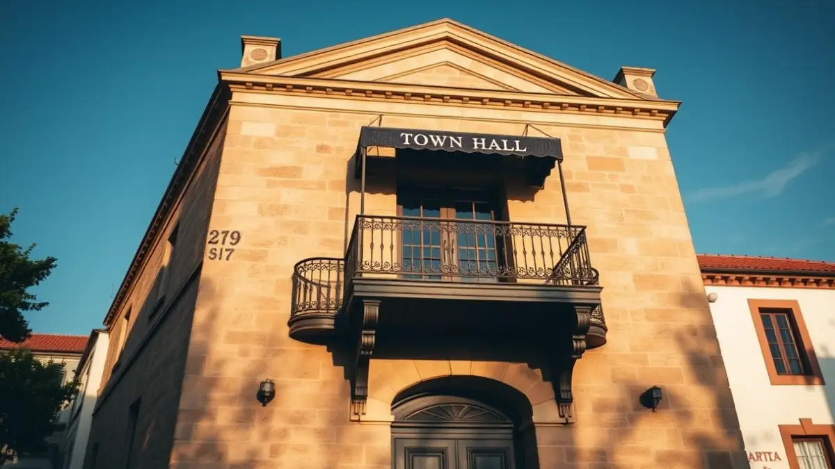 Façana de pedra d'un ajuntament amb balcó de ferro forjat sota la llum del sol de la tarda.