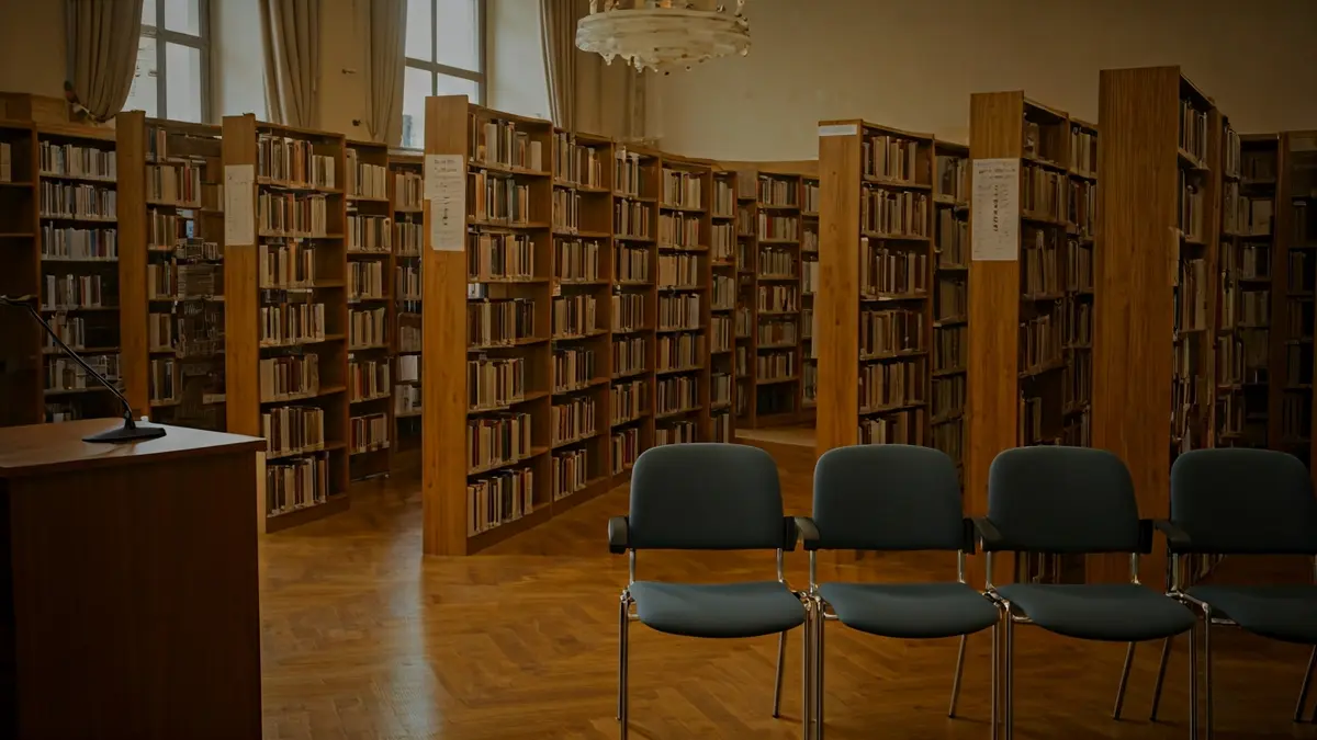 Generic image of a library with a podium and chairs, with warm lighting.