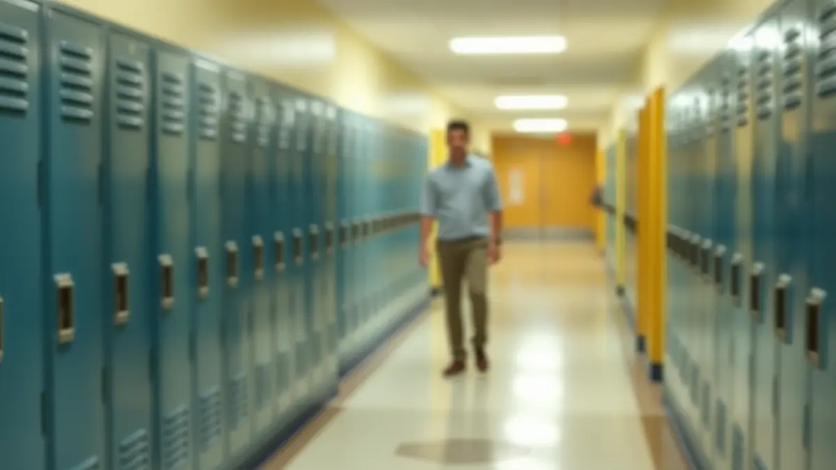 Imagen genérica de un pasillo escolar, con una figura borrosa al fondo.