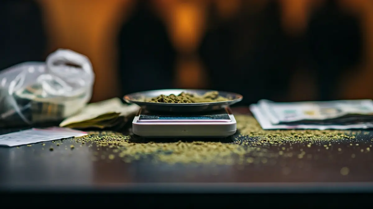 Imatge genèrica d'una balança de precisió amb restes d'haixix i diners en efectiu.