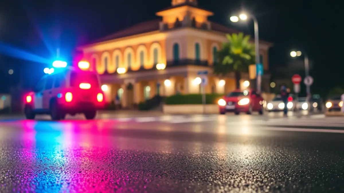 Imatge genèrica de llums d'emergència policials reflectint-se sobre l'asfalt mullat en una nit urbana.