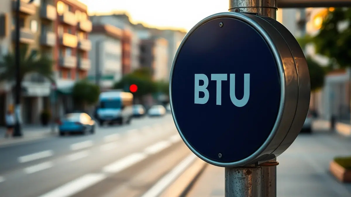 Señal de parada de autobús en un entorno urbano mediterráneo.