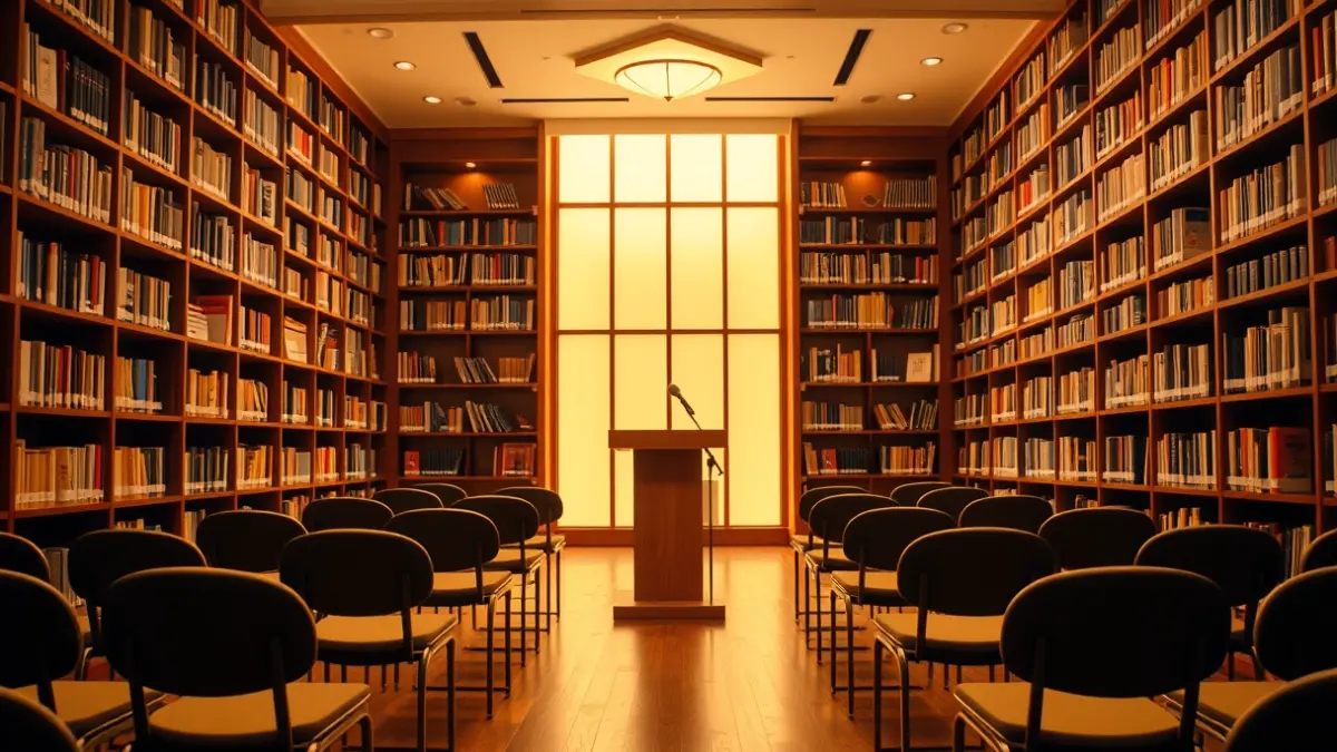 Imatge genèrica d'un espai de presentació o lliurament de premis, amb un podi i cadires.