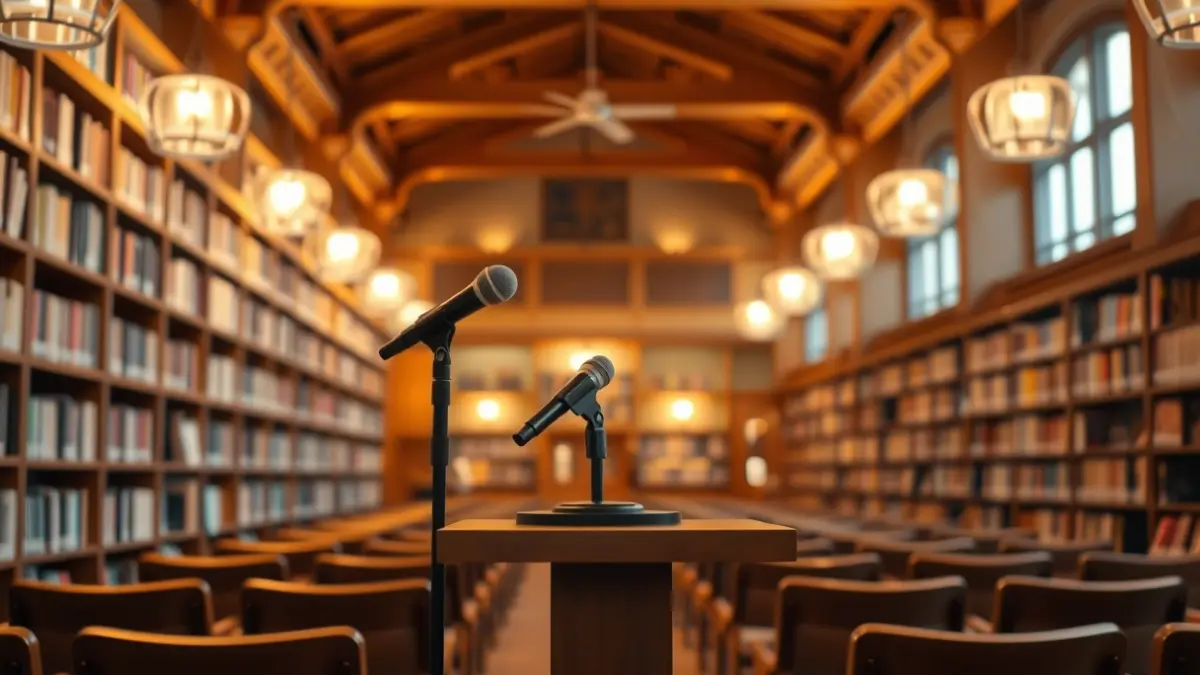 Imagen genérica de un ambiente literario con un micrófono y libros, simbolizando una emisión de radio cultural.