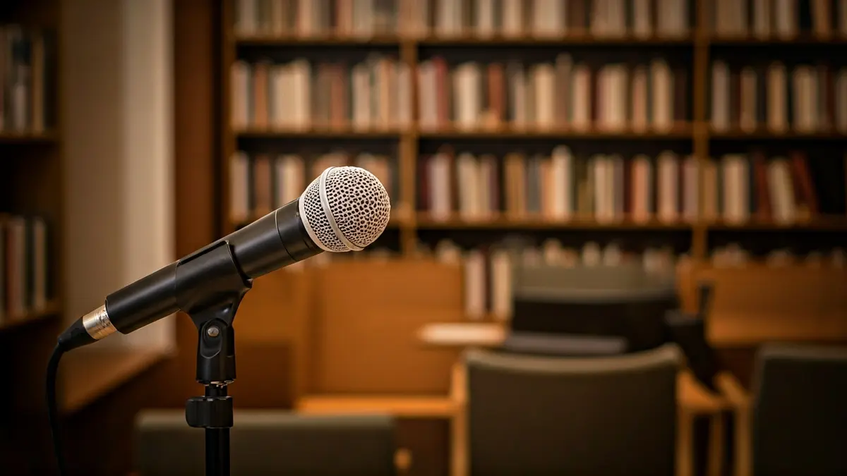 Imagen genérica de un micrófono en un atril en una biblioteca moderna, con estanterías desenfocadas al fondo.