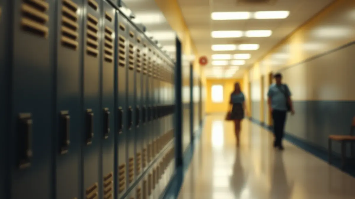 Imagen genérica de un pasillo escolar, con taquillas y figuras borrosas al fondo.