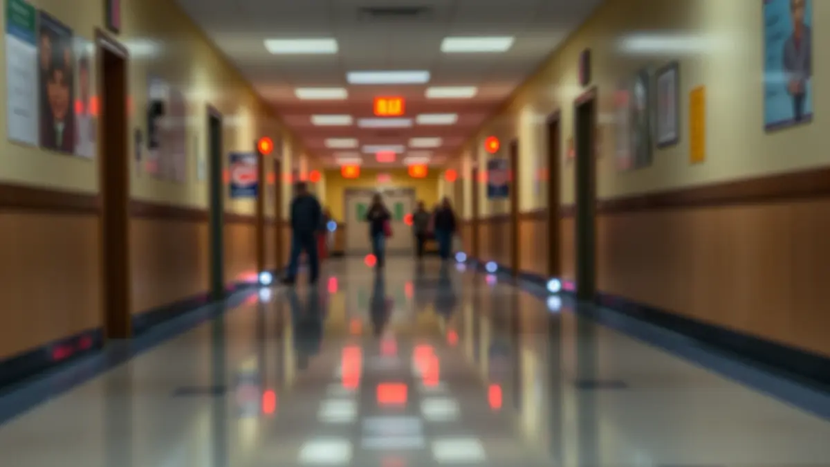 Generic image of a school hallway with emergency lights reflecting on the floor.