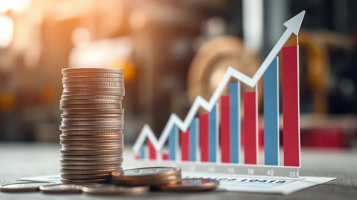 Imagen genérica de monedas y un gráfico con tendencia a la baja, con maquinaria industrial desenfocada al fondo, simbolizando la reestructuración económica.
