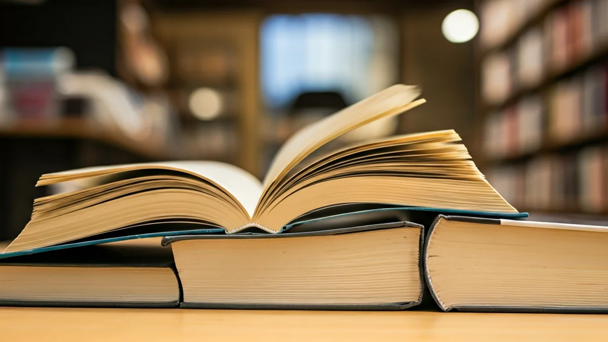 Imagen genérica de una pila de libros en una mesa de madera, con uno abierto