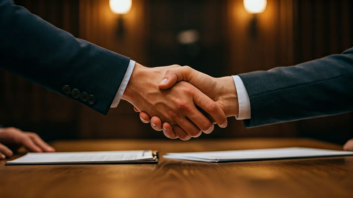 Generic image of two hands shaking over a desk, symbolizing a political agreement or resignation.