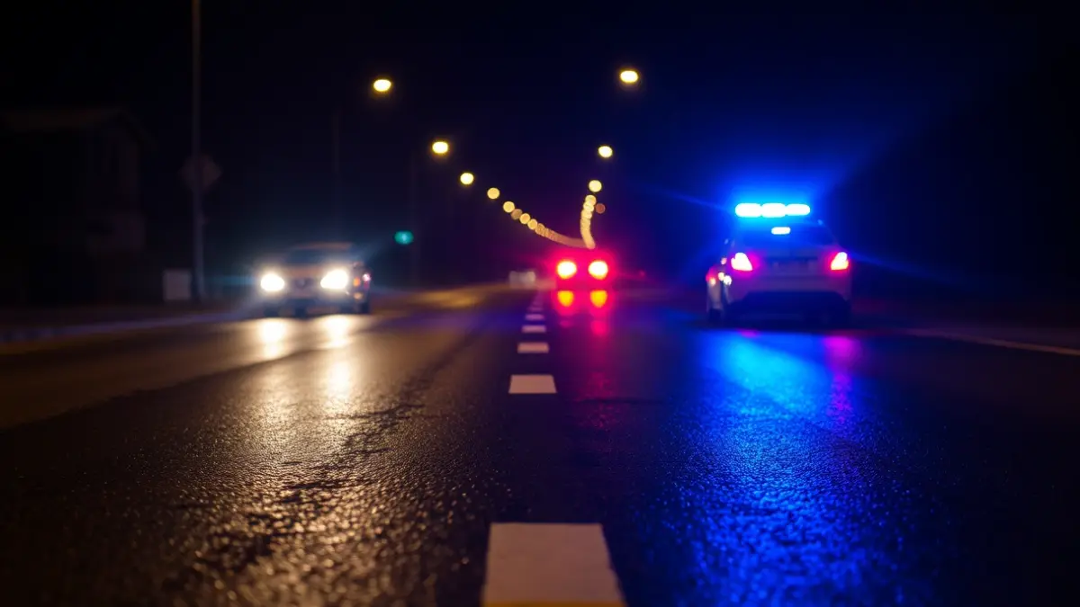 Generic image of emergency lights reflecting on wet asphalt on a highway.
