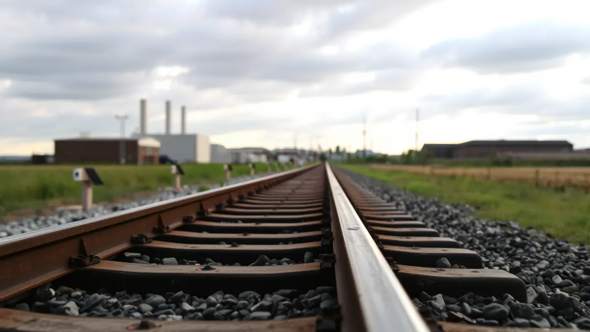 Vías de tren dañadas en un tramo rural con edificios industriales al fondo.
