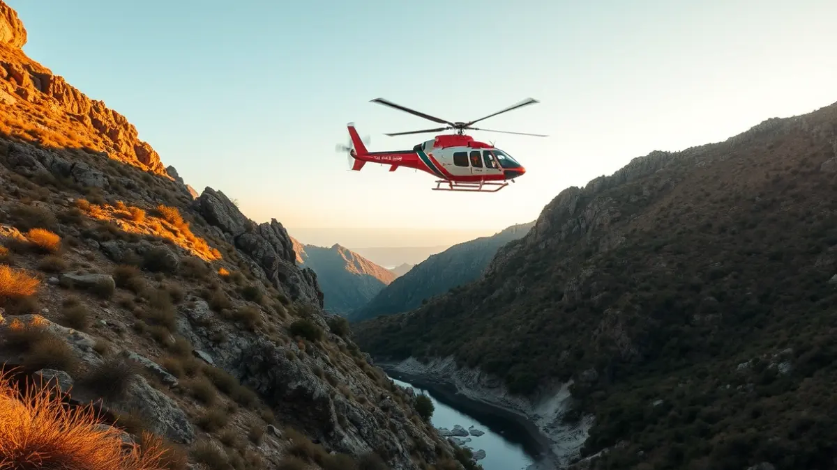 Image of a rescue helicopter flying over a mountainous area with natural pools.