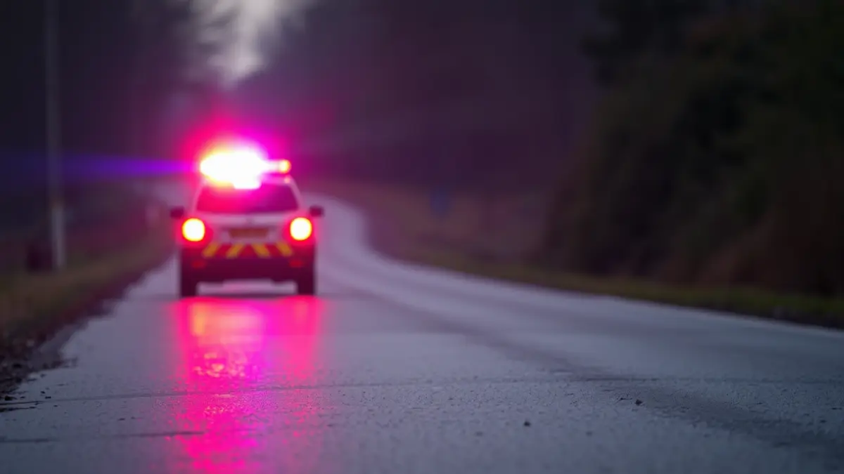 Generic image of emergency lights reflecting on wet asphalt at dawn.