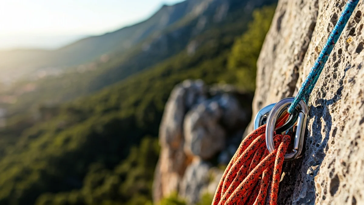 Generic image of climbing equipment on a rock face.