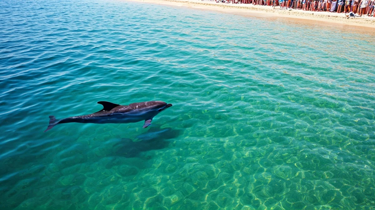 Imagen genérica de delfines en aguas poco profundas cerca de una playa