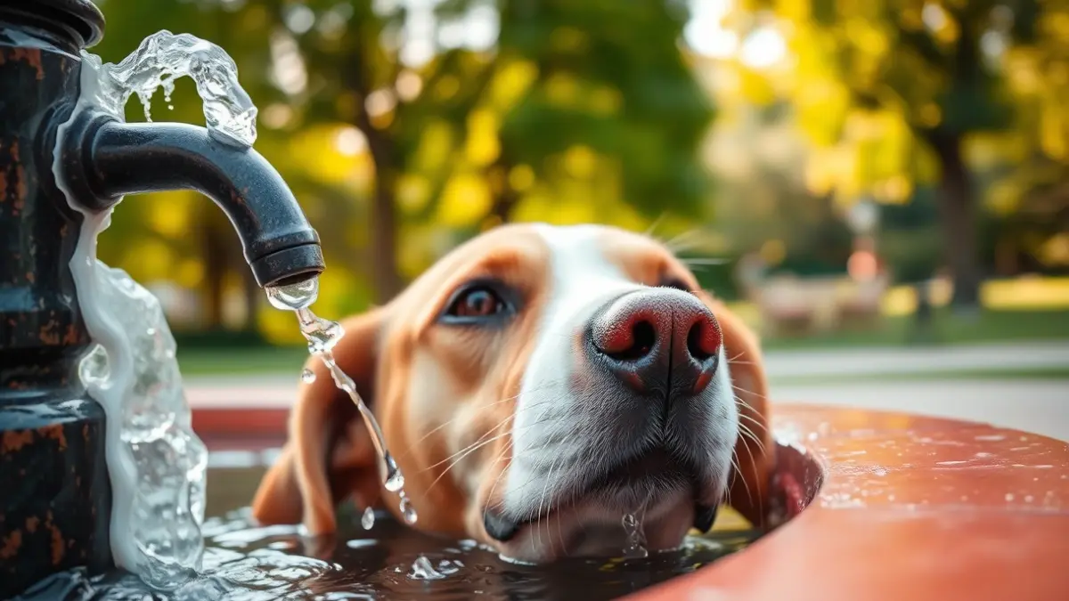 Imatge d'un gos bevent aigua d'una font en un parc.