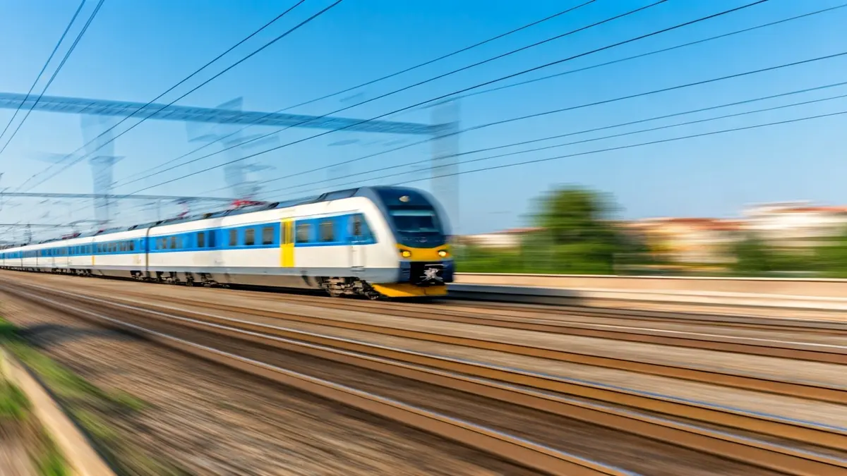 Generic image of train tracks with a blurred train in the background.